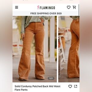 Flamingo‎ Solid Orange Corduroy Mid Waist Flare Pants Size Medium ***STAIN*** H6